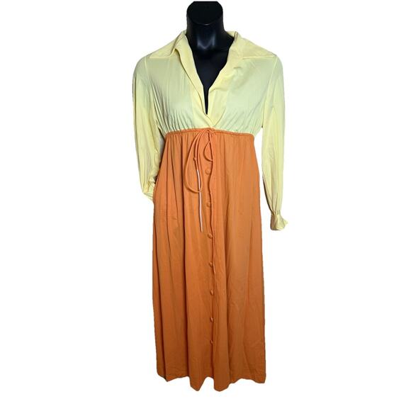 Vanity Fair Mod Yellow Orange Nylon Gown Lounge Dress Small Big Collar 60s 70s - Picture 1 of 13